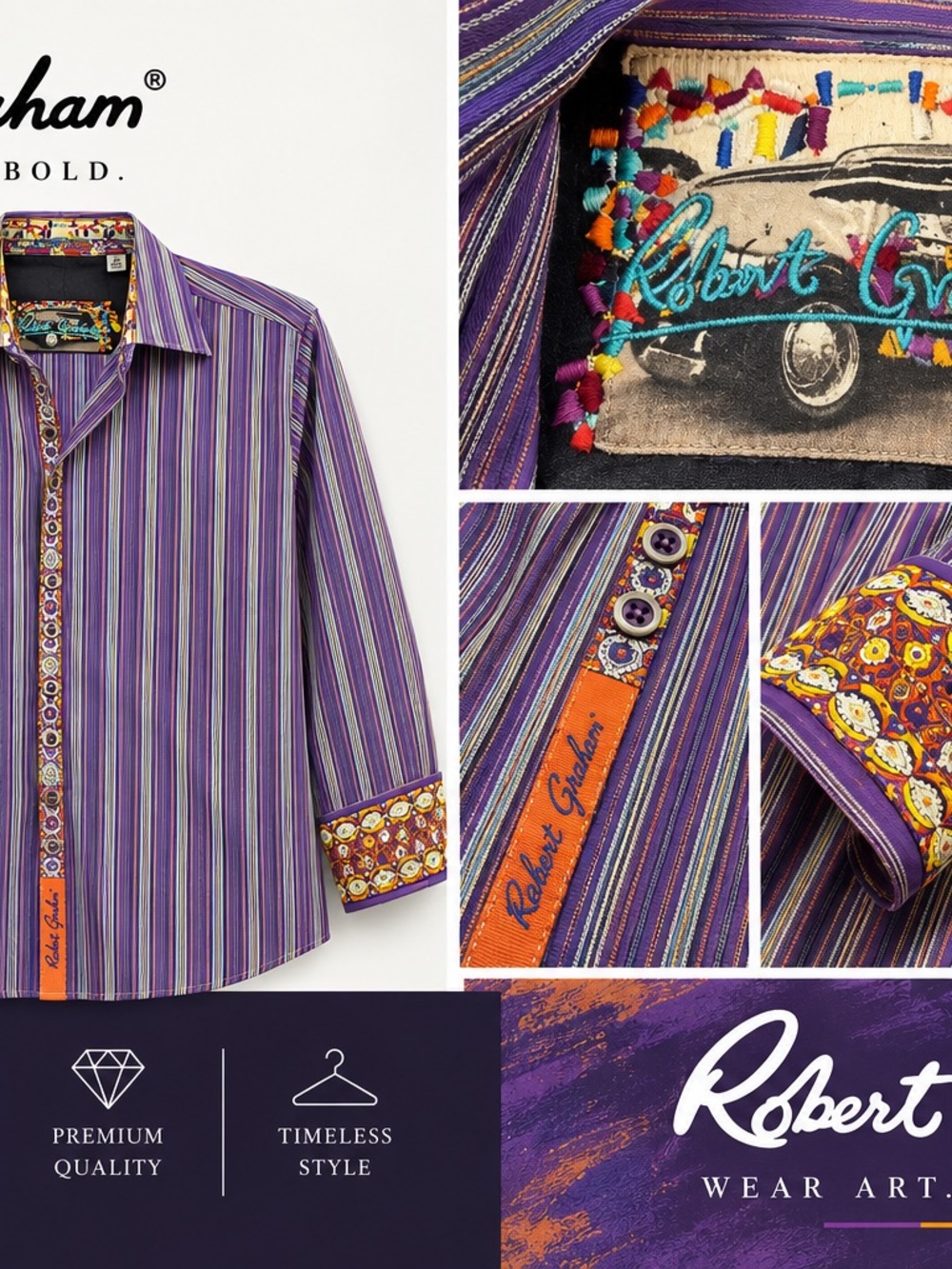 Robert Graham Men's Purple Multi-Stripe Button-Down Shirt with Orange Accents